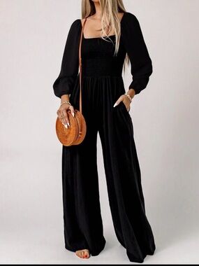 SHEIN Black Smocked Bodice Wide-Leg Jumpsuit